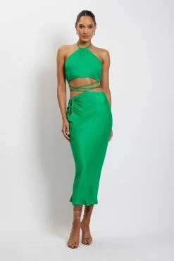 JLW Leanne Halter Tie Front Midi Dress - Green