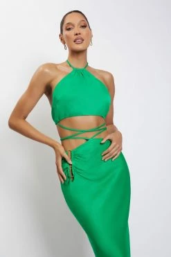 JLW Leanne Halter Tie Front Midi Dress - Green