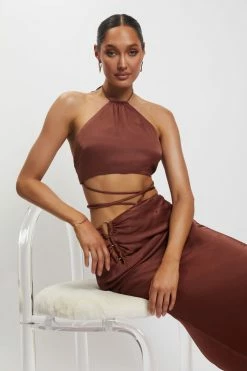 JLW Leanne Halter Tie Front Midi Dress - Chocolate