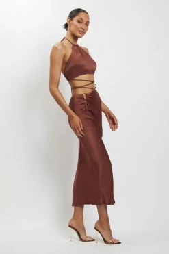JLW Leanne Halter Tie Front Midi Dress - Chocolate