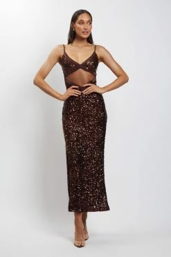 QNG Amirah Mesh Cut Out Sequin Maxi Dress - Chocolate 18 QNG Amirah Mesh Cut Out Sequin Maxi Dress - Chocolate