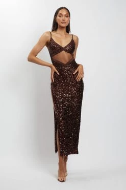 QNG Amirah Mesh Cut Out Sequin Maxi Dress - Chocolate 13 QNG Amirah Mesh Cut Out Sequin Maxi Dress - Chocolate