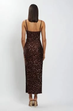QNG Amirah Mesh Cut Out Sequin Maxi Dress - Chocolate 19 QNG Amirah Mesh Cut Out Sequin Maxi Dress - Chocolate