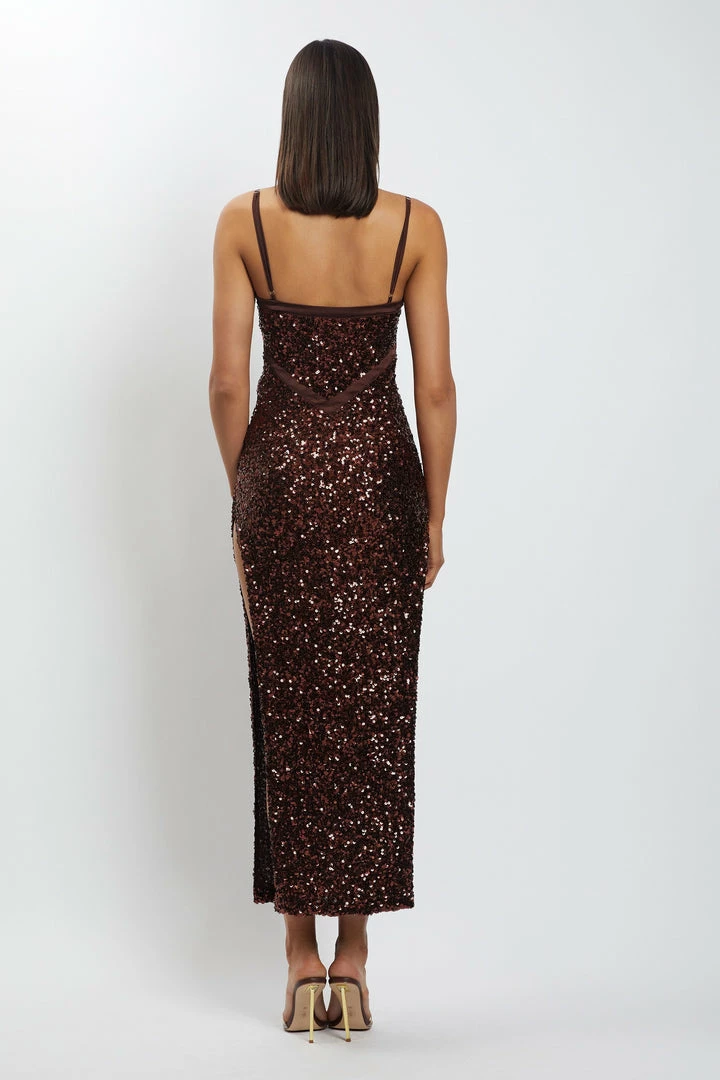 QNG Amirah Mesh Cut Out Sequin Maxi Dress - Chocolate 10 QNG Amirah Mesh Cut Out Sequin Maxi Dress - Chocolate