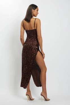 QNG Amirah Mesh Cut Out Sequin Maxi Dress - Chocolate 12 QNG Amirah Mesh Cut Out Sequin Maxi Dress - Chocolate