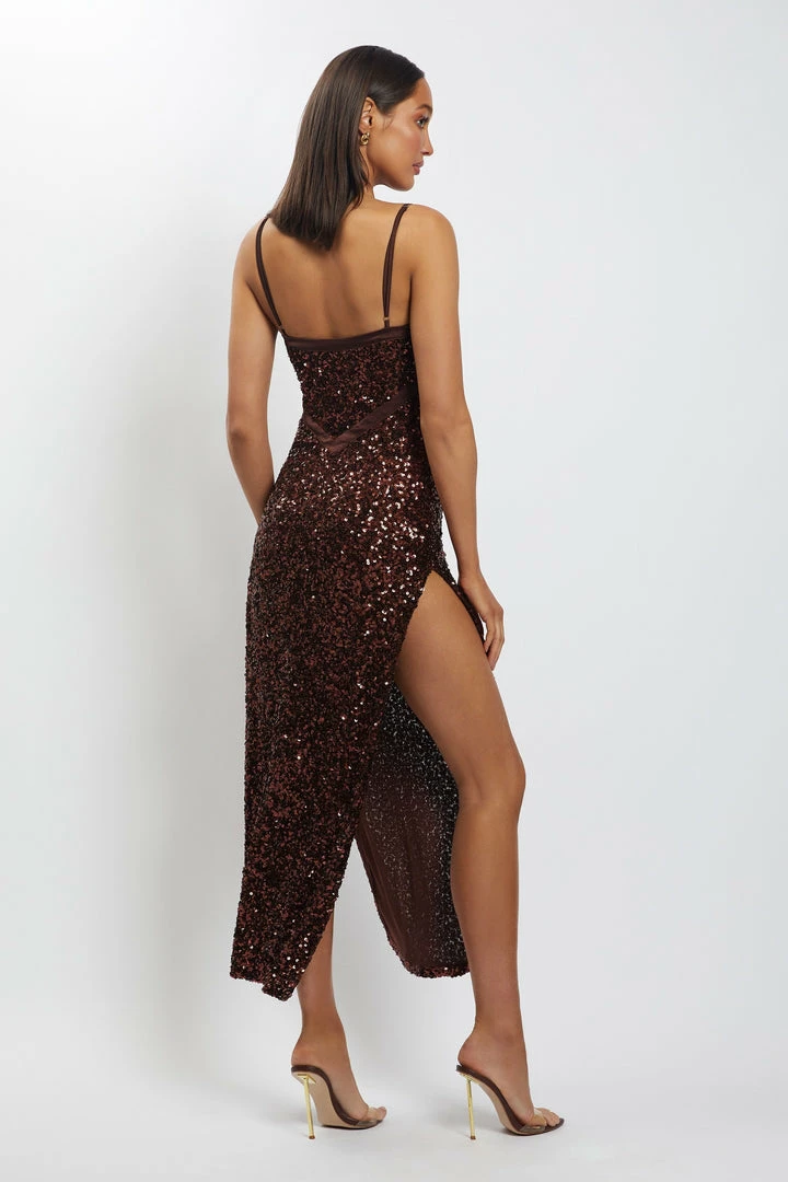 QNG Amirah Mesh Cut Out Sequin Maxi Dress - Chocolate 3 QNG Amirah Mesh Cut Out Sequin Maxi Dress - Chocolate