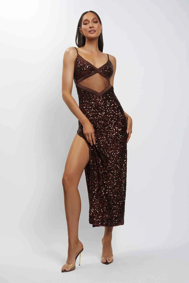 QNG Amirah Mesh Cut Out Sequin Maxi Dress - Chocolate 6 QNG Amirah Mesh Cut Out Sequin Maxi Dress - Chocolate