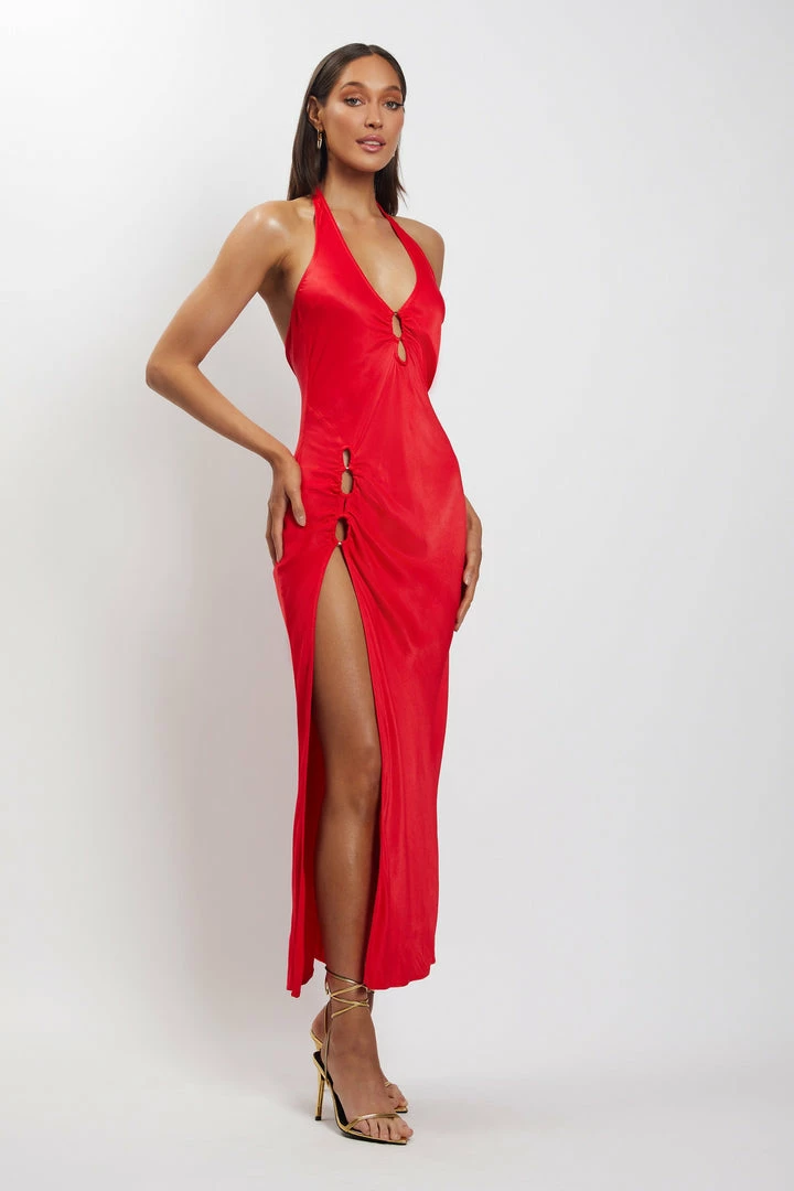 HSH DRESSES Tanja Halter Neck Side Split Midi Dress - Red 9 HSH DRESSES Tanja Halter Neck Side Split Midi Dress - Red