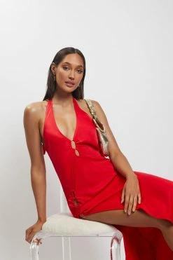 HSH DRESSES Tanja Halter Neck Side Split Midi Dress - Red 16 HSH DRESSES Tanja Halter Neck Side Split Midi Dress - Red