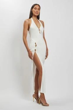 HSH DRESSES Tanja Halter Neck Side Split Midi Dress - White