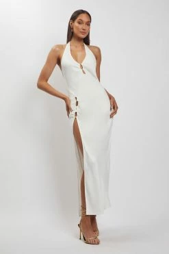 HSH DRESSES Tanja Halter Neck Side Split Midi Dress - White