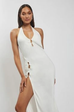 HSH DRESSES Tanja Halter Neck Side Split Midi Dress - White