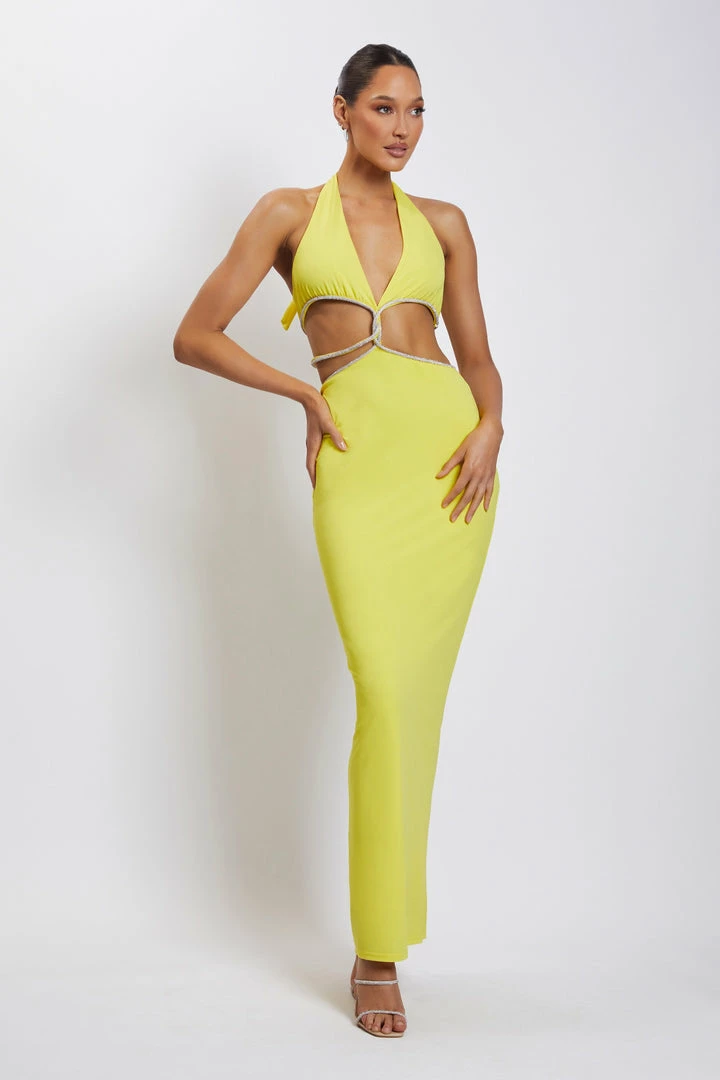AMC DRESSES Nicha Diamante Cut Out Midi Dress - Yellow 1 AMC DRESSES Nicha Diamante Cut Out Midi Dress - Yellow