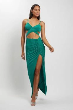 BSD Candice Cut Out Ruched Front Maxi Dress - Green