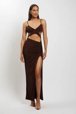 BSD Candice Cut Out Ruched Front Maxi Dress - Chocolate DRESSES