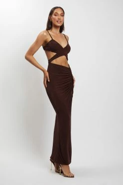 BSD Candice Cut Out Ruched Front Maxi Dress - Chocolate DRESSES