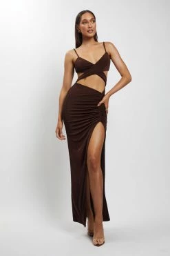 BSD Candice Cut Out Ruched Front Maxi Dress - Chocolate DRESSES