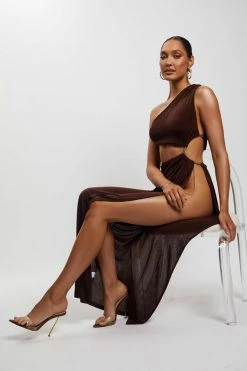 BSD Paige Ruched Side Cut Out Maxi Dress - Chocolate