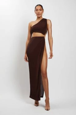 BSD Paige Ruched Side Cut Out Maxi Dress - Chocolate