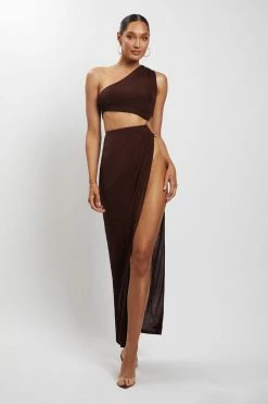 BSD Paige Ruched Side Cut Out Maxi Dress - Chocolate