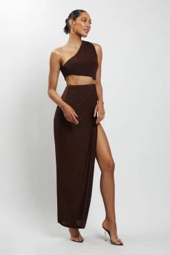 BSD Paige Ruched Side Cut Out Maxi Dress - Chocolate