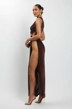 BSD Paige Ruched Side Cut Out Maxi Dress - Chocolate