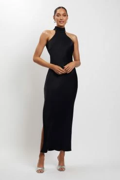 HSH DRESSES Claire Satin Drape Back Maxi Dress - Black 12 HSH DRESSES Claire Satin Drape Back Maxi Dress - Black