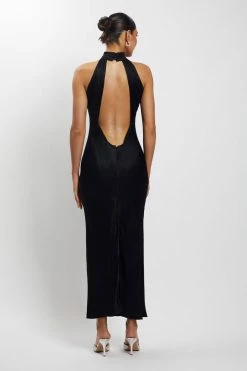 HSH DRESSES Claire Satin Drape Back Maxi Dress - Black