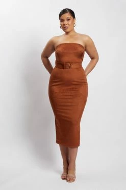 WNT Bella Suede Belted Midi Dress - Tan