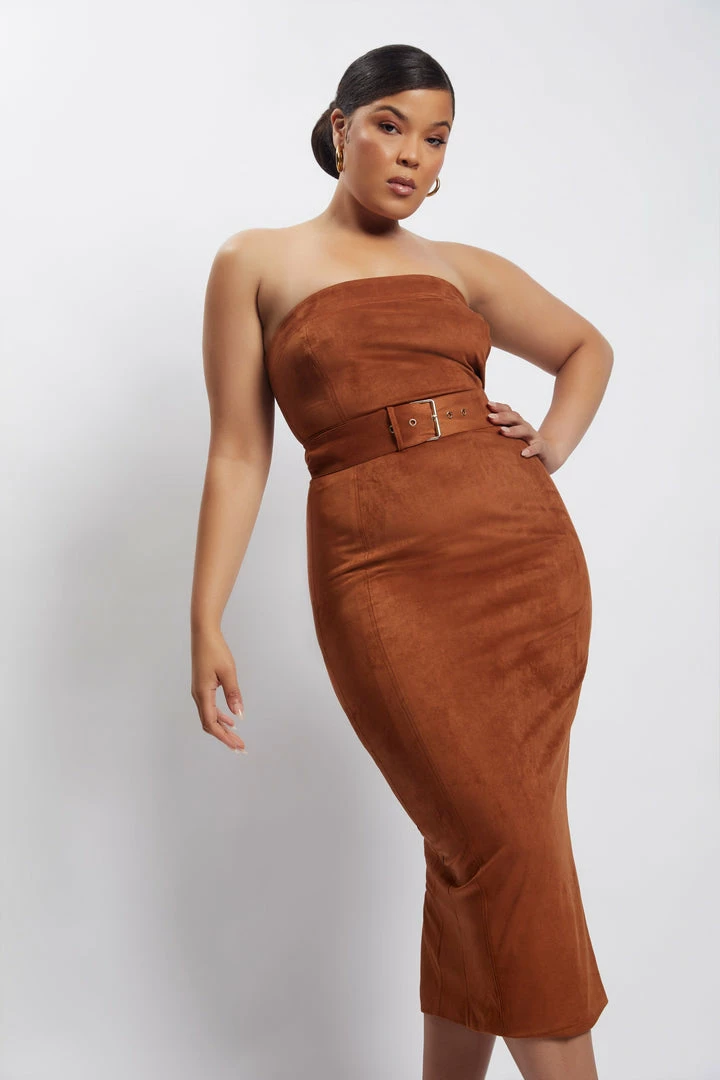 WNT Bella Suede Belted Midi Dress - Tan 9 WNT Bella Suede Belted Midi Dress - Tan