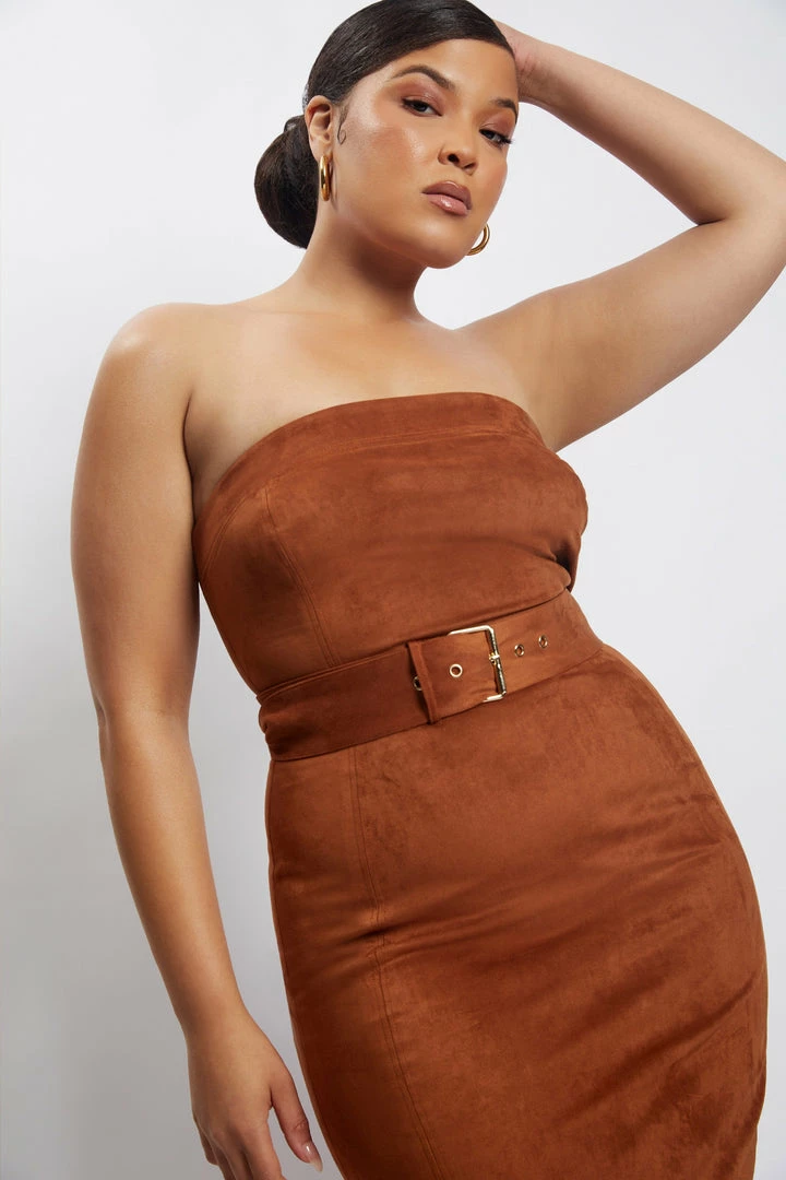 WNT Bella Suede Belted Midi Dress - Tan 10 WNT Bella Suede Belted Midi Dress - Tan