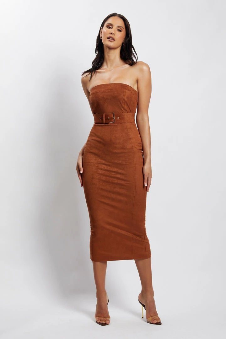 WNT Bella Suede Belted Midi Dress - Tan 6 WNT Bella Suede Belted Midi Dress - Tan