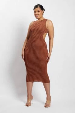 EMS Marlisa Ribbed Knit Backless Midi Dress - Chocolate DRESSES