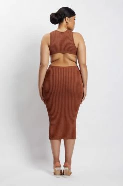 EMS Marlisa Ribbed Knit Backless Midi Dress - Chocolate DRESSES