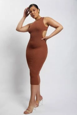 EMS Marlisa Ribbed Knit Backless Midi Dress - Chocolate DRESSES