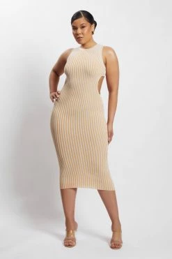 EMS DRESSES Marlisa Ribbed Knit Backless Midi Dress - Nude
