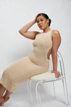 EMS DRESSES Marlisa Ribbed Knit Backless Midi Dress - Nude