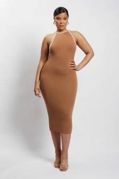 SOP DRESSES Heidi Contrast Binding Knitted Midi Dress - Tan