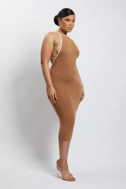 SOP DRESSES Heidi Contrast Binding Knitted Midi Dress - Tan
