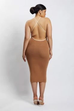 SOP DRESSES Heidi Contrast Binding Knitted Midi Dress - Tan