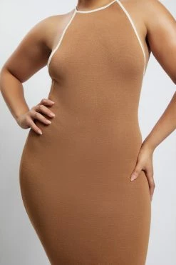 SOP DRESSES Heidi Contrast Binding Knitted Midi Dress - Tan