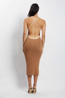 SOP DRESSES Heidi Contrast Binding Knitted Midi Dress - Tan