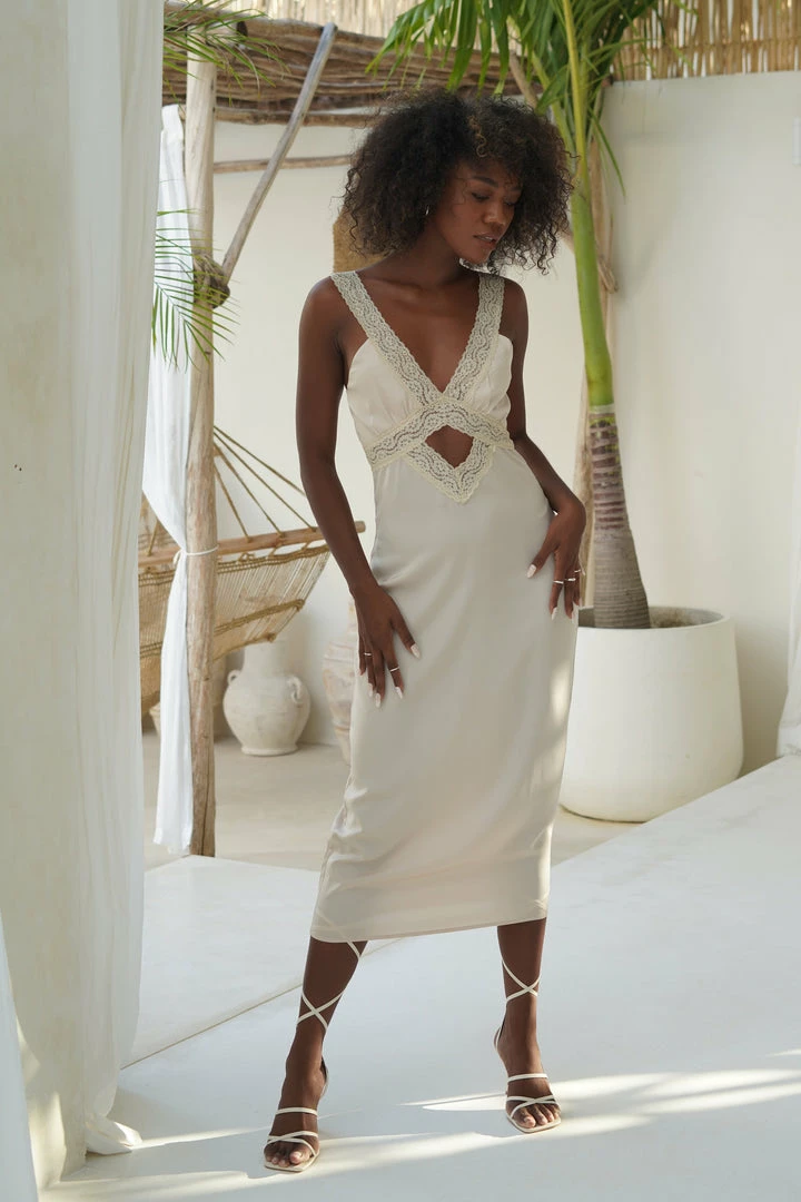 WNT DRESSES Kristin Lace Cut Out Midi Dress - Champagne 1 WNT DRESSES Kristin Lace Cut Out Midi Dress - Champagne