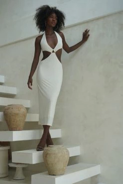 AMC Natalie Halter Neck Cut Out Midi Dress - Bone