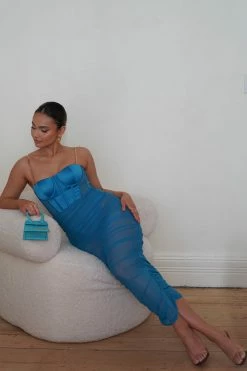 QNG DRESSES Tiarne Satin And Mesh Corset Dress - Marine Blue