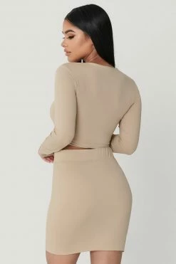 Meshki Boutique Emely Long Sleeve Crop Top - Almond All Tops