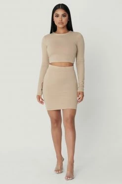 Meshki Boutique Emely Long Sleeve Crop Top - Almond All Tops