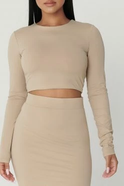 Meshki Boutique Emely Long Sleeve Crop Top - Almond All Tops