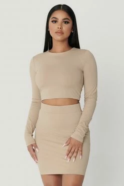 Meshki Boutique Emely Long Sleeve Crop Top - Almond All Tops