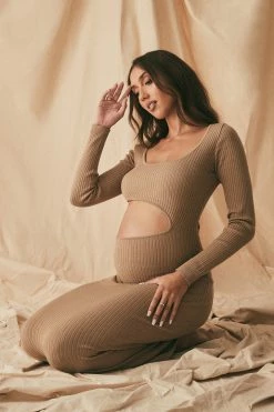 SOP DRESSES Gaia Cut Out Asymmetric Knitted Midi Dress - Taupe 10 SOP DRESSES Gaia Cut Out Asymmetric Knitted Midi Dress - Taupe